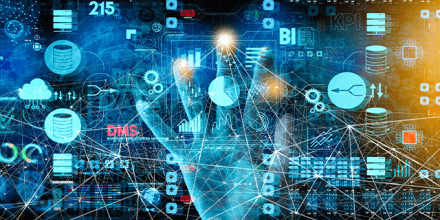 Data analytics process management with hand touching connected gear cogs with KPI financial charts and graph and automated marketing 