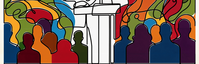 Detail of illustration of politician giving a speech to a crowd from behind a podium. By Damian Adobe Stock