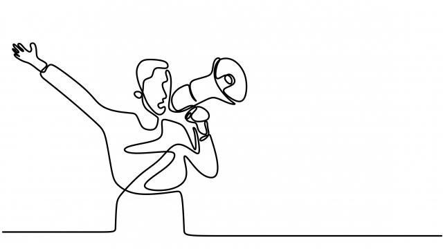 Continuous one line drawn a man talking into a loudspeaker.