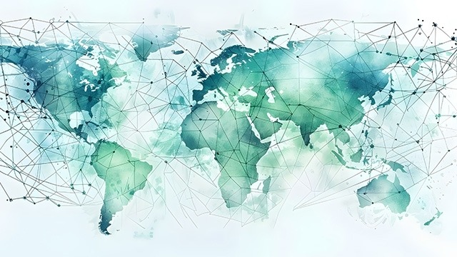 Visual Representation of Global Network Connectivity: Interconnected Communication Lines and Nodes Across Continents. Concept Network Connectivity, Communication Lines, Global Connectivity
