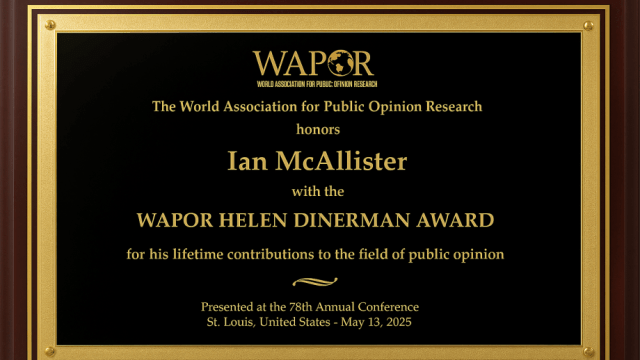 A wooden plaque with a gold-trimmed black plate, presented to Professor Ian McAllister by the World Association for Public Opinion Research (WAPOR), recognising his lifetime contributions to the field of public opinion. The award was presented at the 78th Annual Conference in St. Louis, United States, on May 13, 2025.